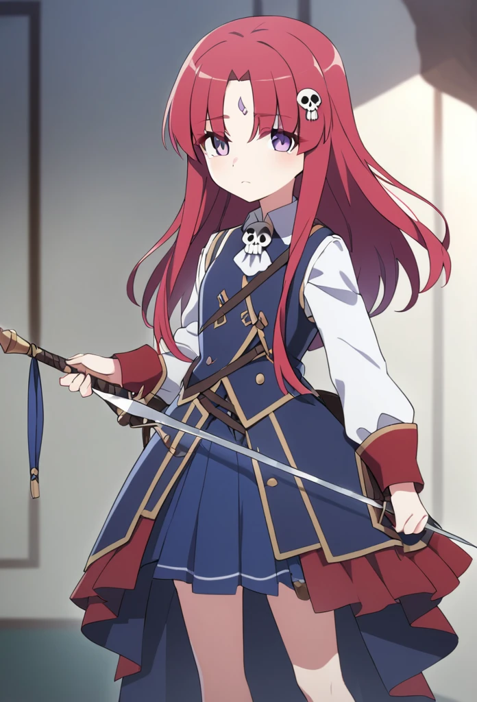 A musketeer with red hair and purple eyes, she holds a sword (Rapier) as a weapon. She is ************ and has a skull drawn on her forehead..