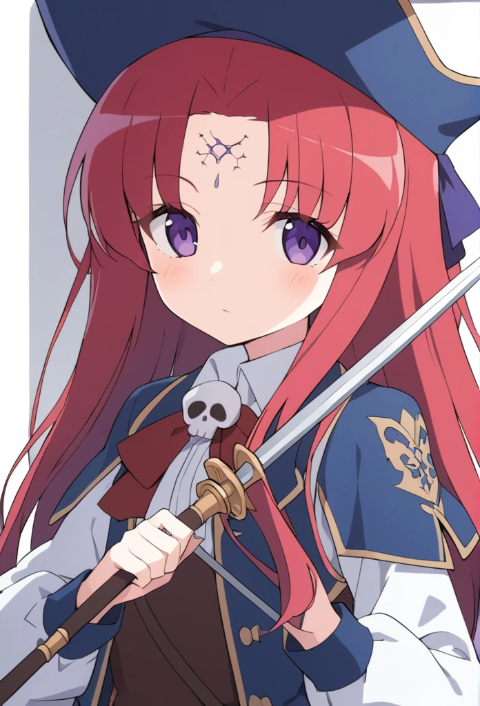 A musketeer with red hair and purple eyes, she holds a sword (Rapier) as a weapon. She is ************ and has a skull drawn on her forehead..