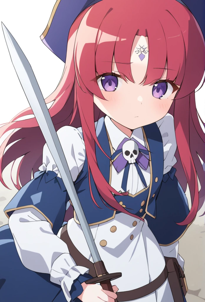 A musketeer with red hair and purple eyes, she holds a sword (Rapier) as a weapon. She is ************ and has a skull drawn on her forehead..