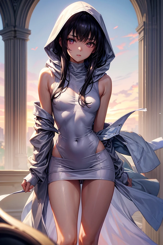 ( wearing a loose and long hooded sweatshirts ),gorgeous, masterpiece, best quality, high-resolution, finely detailed, extremely detailed and beautiful, distinct-image, 1 girl, 16 year old ager, solo, sharp facial features, oval shaped face. cherry pink lips, lightly tanned white skin. velvet-colored eyes, C-cup breasts, tall height(175cm), slim yet chiseled body type, short shoulder length dark violet-black hair, small narrow waist, long and slender legs, curvy wide hips, elegant five star hotel setting in modern times, rear view,