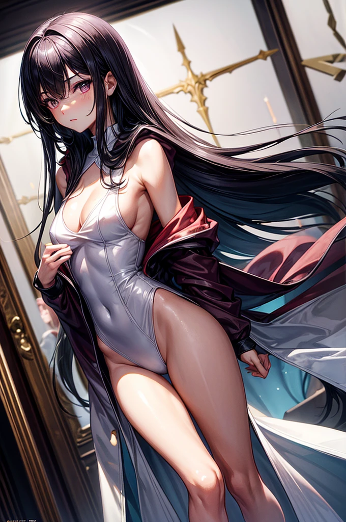 ( wearing a loose and long hooded sweatshirts ),gorgeous, masterpiece, best quality, high-resolution, finely detailed, extremely detailed and beautiful, distinct-image, 1 girl, 16 year old ager, solo, sharp facial features, oval shaped face. cherry pink lips, lightly tanned white skin. velvet-colored eyes, C-cup breasts, tall height(175cm), slim yet chiseled body type, short shoulder length dark violet-black hair, small narrow waist, long and slender legs, curvy wide hips, elegant five star hotel setting in modern times, rear view,