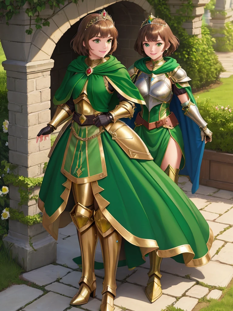 masterpiece, best quality:1.2), 1girl, smile, looking at viewer, green eyes, short brown hair, princess, armor, , pauldrons, armored dress, green cloak cape, wearing puffy blue ballgown skirt, golden tiara with green gem, armored boots, fingerless gloves, standing in medieval garden