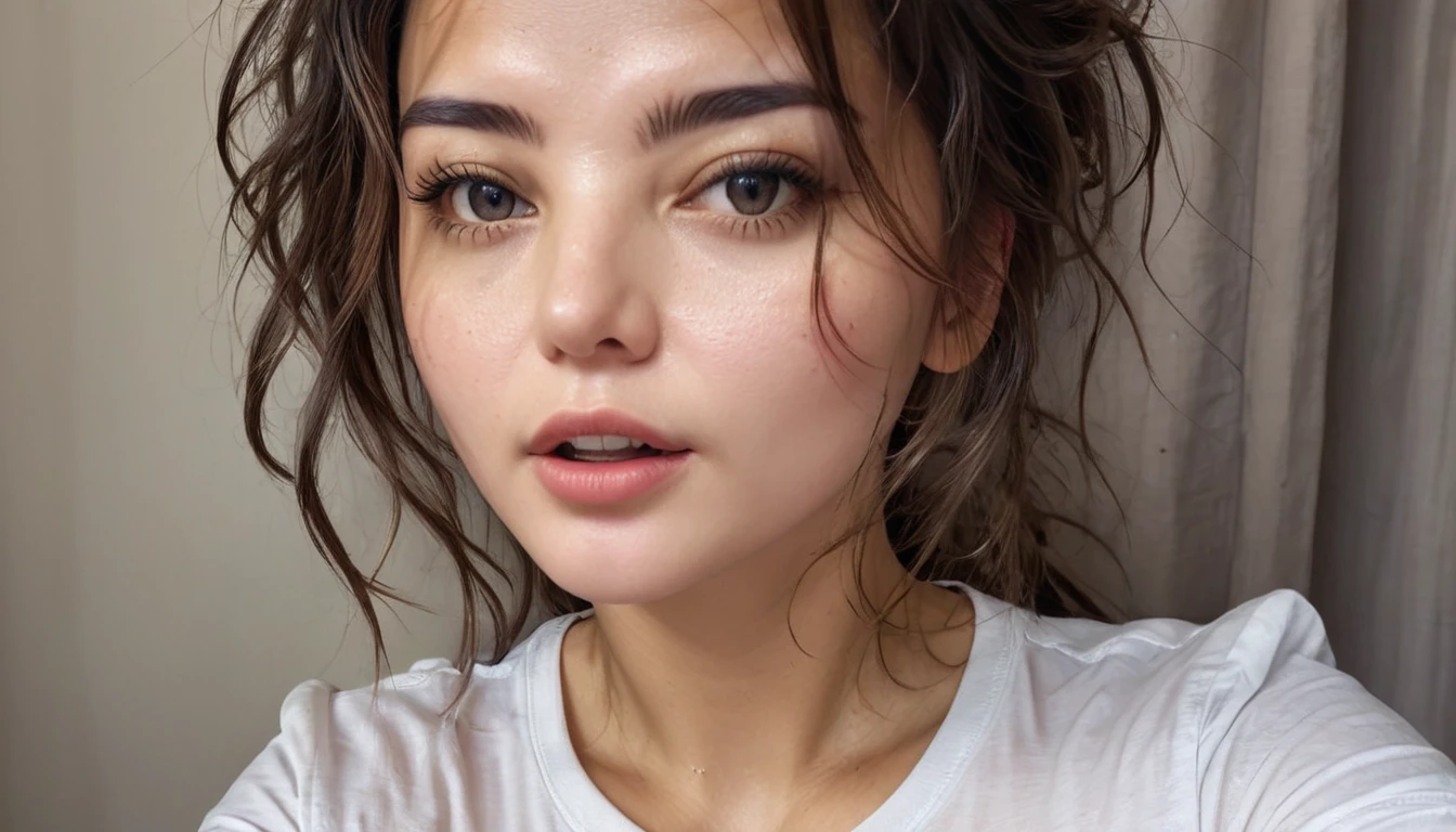 (masterpiece, best quality:1.2), 1girl, solo, a girl take a selfie with a STRICT shirt , HIGHRES, clean face, with accurate face, solo, upper body, potrait, close up potrait, portait photo profile picture, REALISTIC , PHOTOREAL, messy hair, open mouth, perfect face, best image, HIGH RESOLUTION