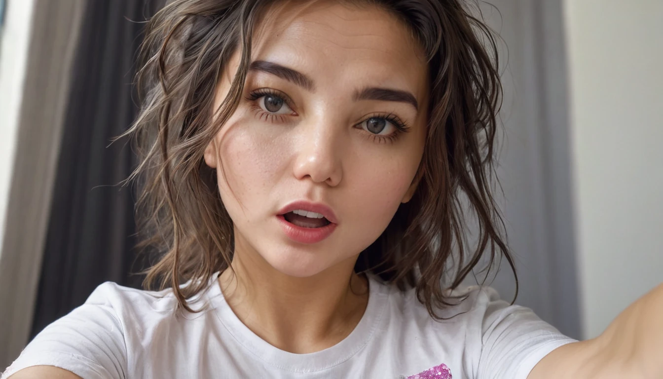 (masterpiece, best quality:1.2), 1girl, solo, a girl take a selfie with a STRICT shirt , HIGHRES, clean face, with accurate face, solo, upper body, potrait, close up potrait, portait photo profile picture, REALISTIC , PHOTOREAL, messy hair, open mouth, perfect face, best image, HIGH RESOLUTION