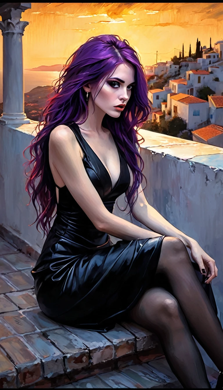 sexy girl, long purple hair, punk look, tight black dress, spikes, sitting on a terrace with stunning views of a typical Greek village: 1.5, chiaroscuro, sensual, dramatic lighting, moody atmosphere, photorealistic, intricate details, masterpiece, ultra-detailed, high quality, 8k, best quality, realistic, cinematic, dark and brooding, expressionistic, powerful composition, emotional impact(art inspired in Bill Sienkiewicz). oil painting)