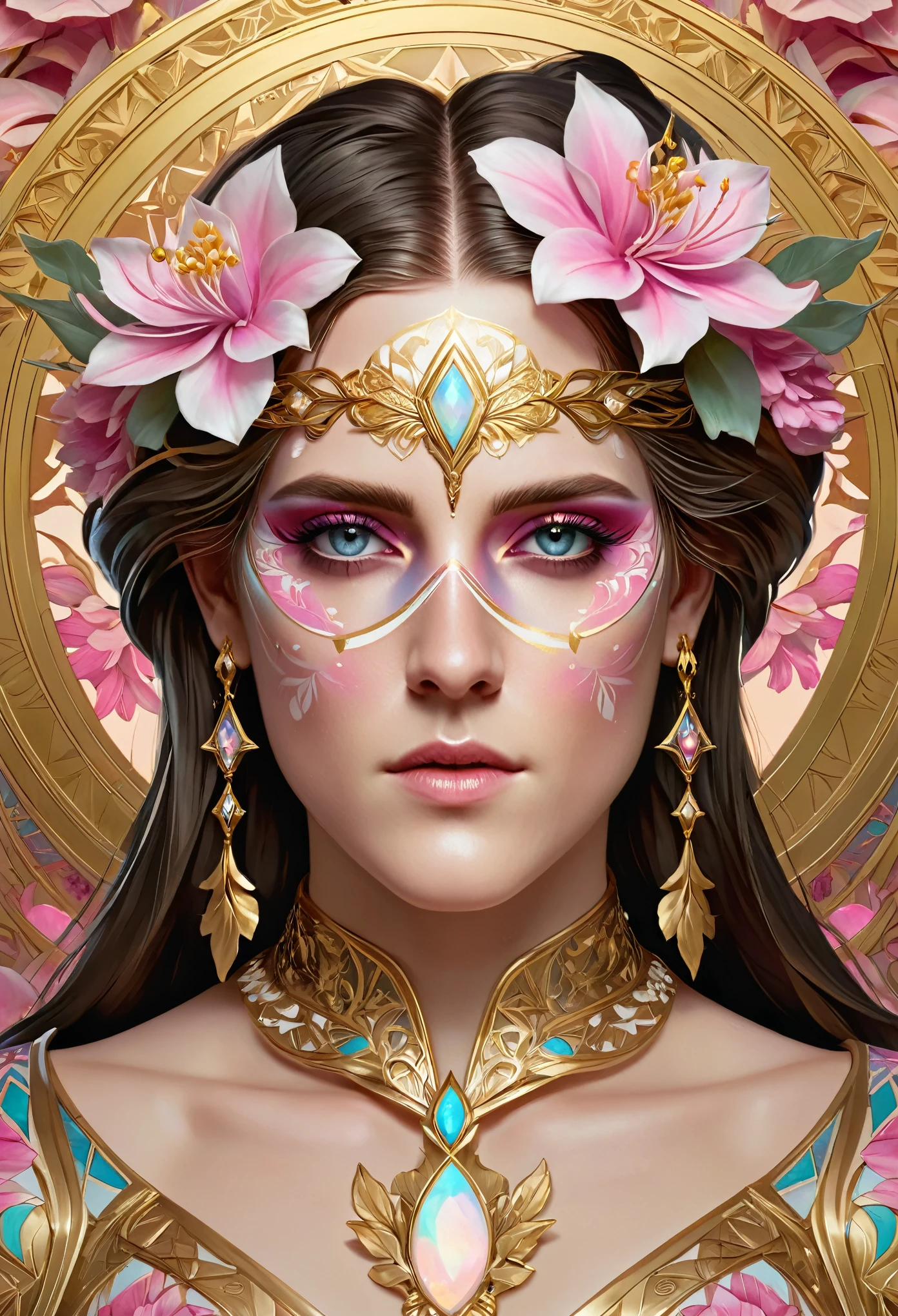 Looks like Kirsten Stewart, (symmetry:1.1) (portrait of floral:1.05) a woman as a beautiful goddess, (assassins creed style:0.8), pink and gold and opal color scheme, beautiful intricate filegrid facepaint, intricate, elegant, highly detailed, digital painting, artstation, concept art, smooth, sharp focus, illustration, art by greg rutkowski and alphonse mucha, 8k