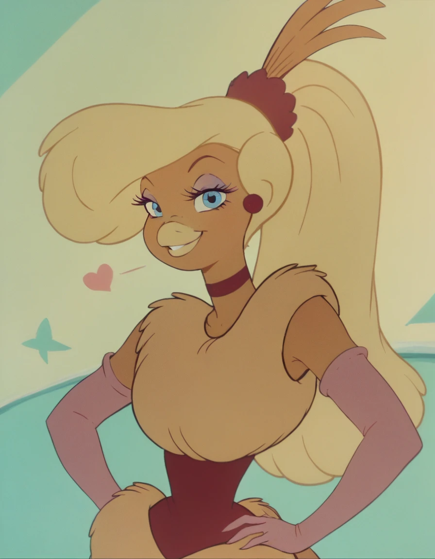 goldie, 1girl, bird girl, long hair, blonde hair, solo, elbow gloves, blue eyes, choker, earrings, ponytail, makeup, fur dress, furry,looking at viewer, smile,upper body, hand on own hip,  score_9, score_8_up, score_7_up, score_6_up 