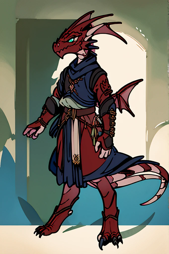 (((male, solo, winged kobold boy, dark red scales,fantasy clothes, artficer, dragon wings, dragon tail))), artficer clothes, warm color clothes, fantay clothes,sea green eyes, artficer,small heigth, 54 centimertes heigth,horns, claws, tail, scales, fangs,  masterpiece, cute, (((fullbody))), male