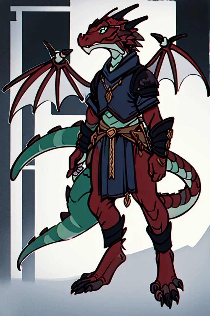 (((male, solo, winged kobold boy, dark red scales,fantasy clothes, artficer, dragon wings, dragon tail))), artficer clothes, warm color clothes, fantay clothes,sea green eyes, artficer,small heigth, 54 centimertes heigth,horns, claws, tail, scales, fangs, masterpiece, cute, (((fullbody))), male