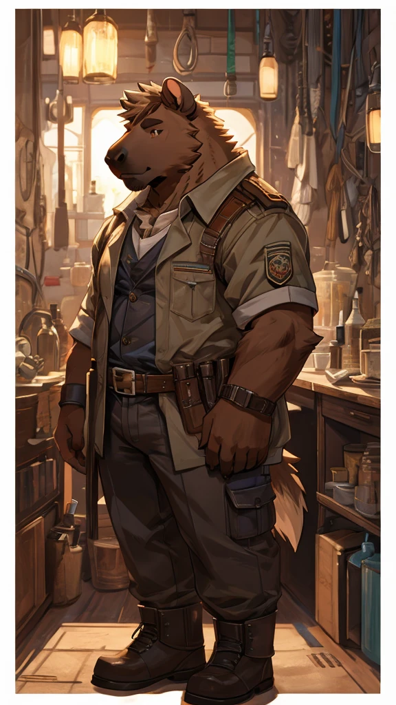 A male furry capybara, about 25 years old, not big but has a marked body, wearing mechanic's clothes