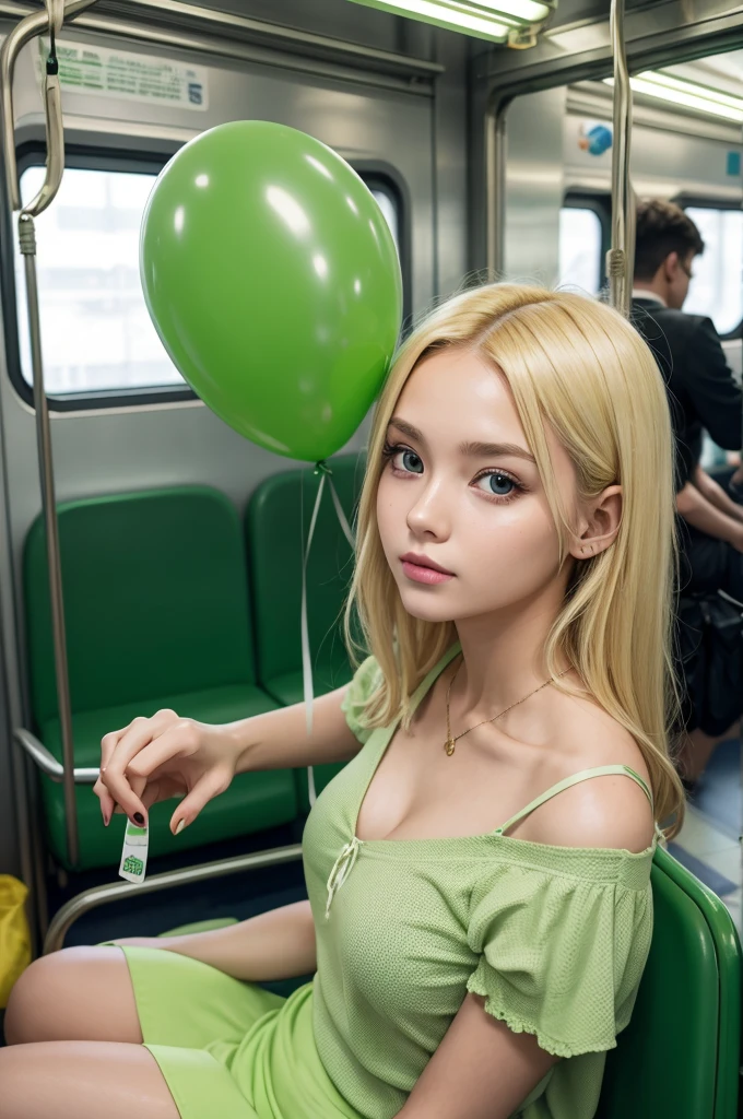 blonde woman with her back holding a green balloon inside the train sitting on the floor