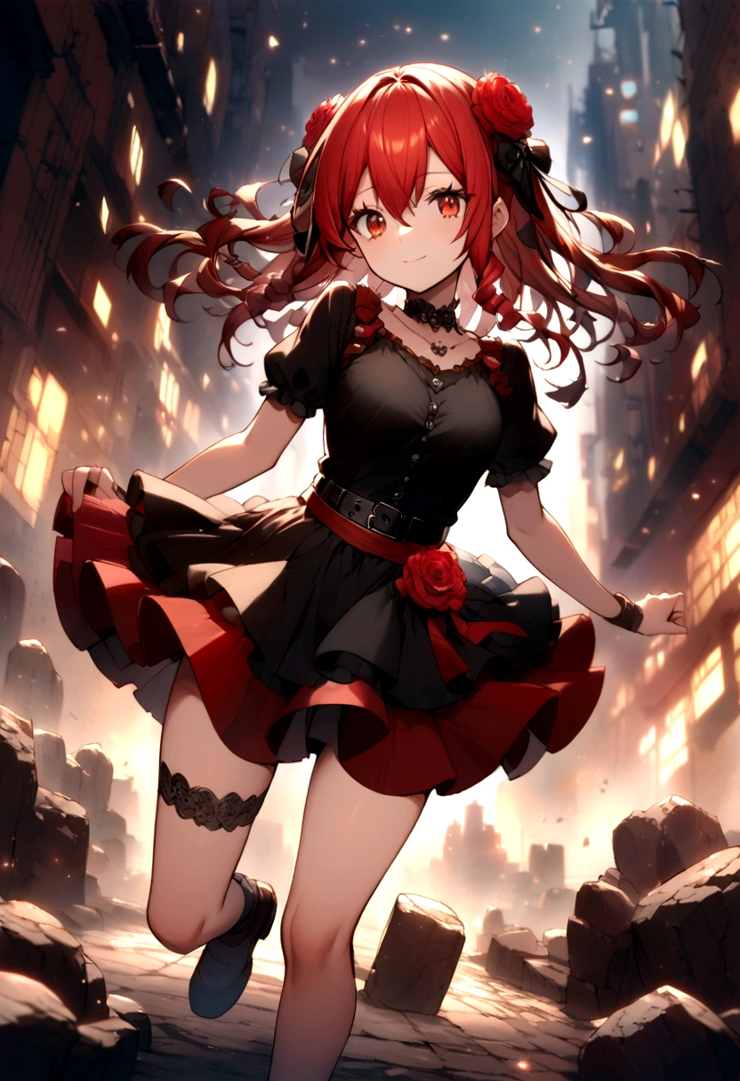 a girl with a black skirt and a longer red skirt on the bottom. red stockings . red zip up hoodie, black shirt underneath with short sleeves and ,red hair, long hair and a flower with a ribbon on the bottom on the side on the hair and red eyes has a black Choker , and a small heart red necklace ,  has a ribbon bow waistband , full body 