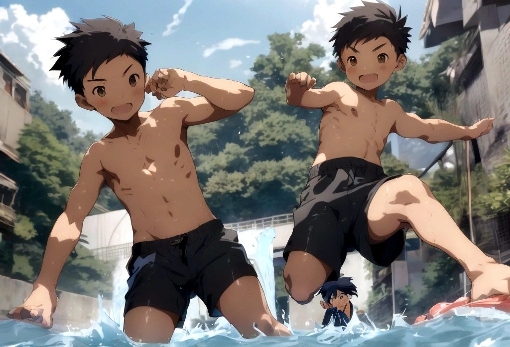 asian, boy, -yeld, bground is river, playing river, topless, swim short pants, cute,
