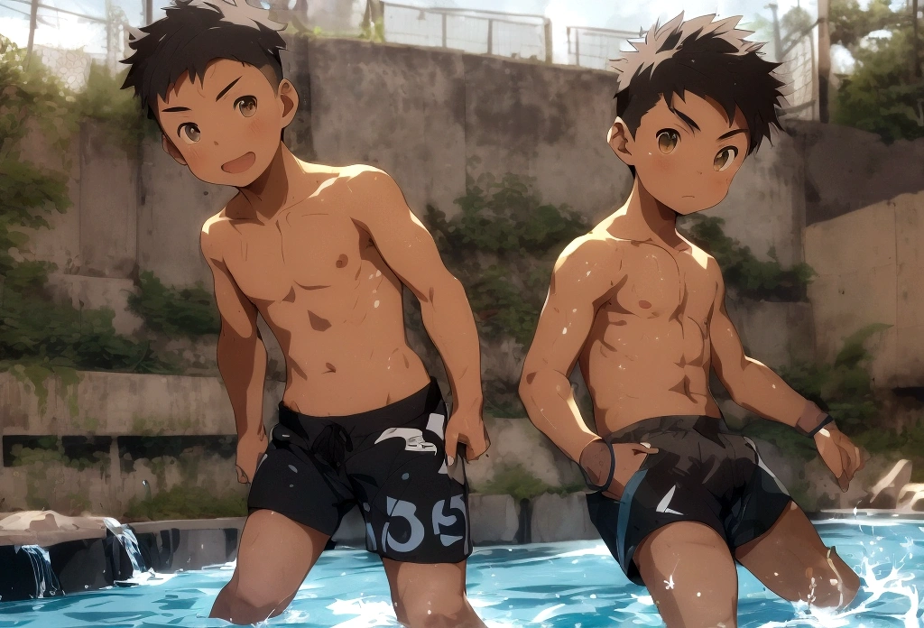 asian, boy, 15-year-old, background is river, playing river, topless, swim short pants, cute,