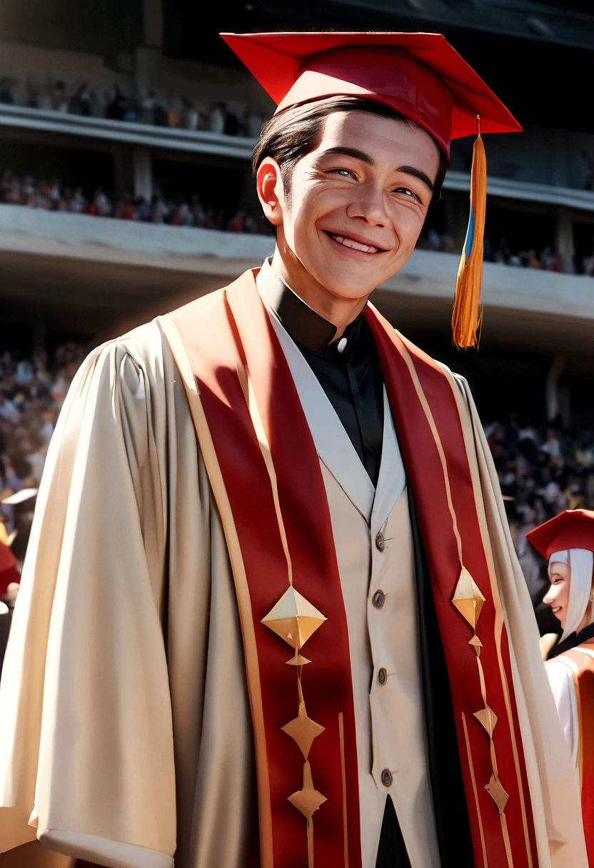 A 25-year-old man celebrating his graduation day at a university in Ecuador.. He radiates happiness, wearing a graduation cap and gown. Capture the moment like your parents., full of pride, join the celebration. Use a long shot to show the university environment., incorporating the Nikon D850 camera with a Sigma 50mm f/1.4 DG HSM Art Lens. Opt for a high resolution setting like 4K or 8K to emphasize details. Ensure a photorealistic rendering with vivid colors and consider using cinematic elements for that extra touch..
