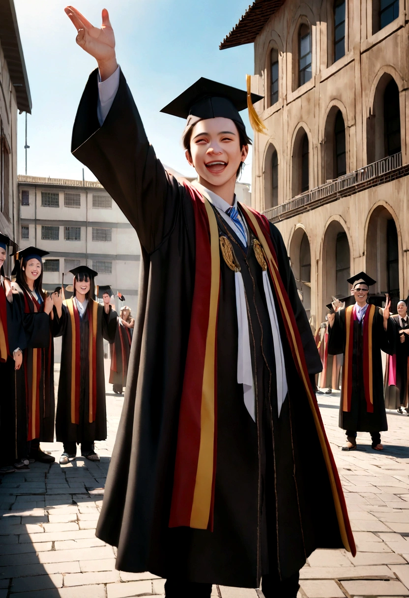 A 25-year-old man celebrating his graduation day at a university in Ecuador.. He radiates happiness, wearing a graduation cap and gown. Capture the moment like your parents., full of pride, join the celebration. Use a long shot to show the university environment., incorporating the Nikon D850 camera with a Sigma 50mm f/1.4 DG HSM Art Lens. Opt for a high resolution setting like 4K or 8K to emphasize details. Ensure a photorealistic rendering with vivid colors and consider using cinematic elements for that extra touch..