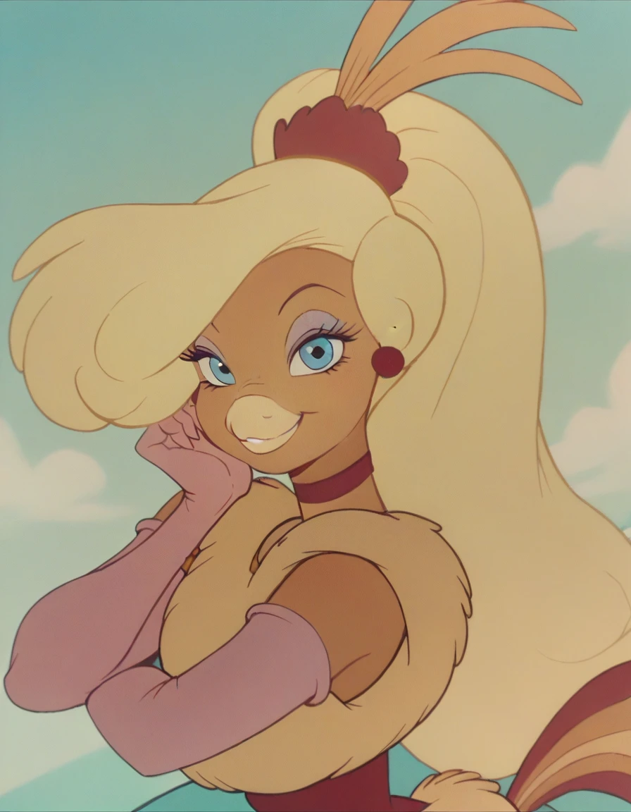 goldie, 1girl, bird girl, long hair, blonde hair, solo, elbow gloves, blue eyes, choker, earrings, ponytail, makeup, fur dress, furry,looking at viewer, smile, score_9, score_8_up, score_7_up, score_6_up 