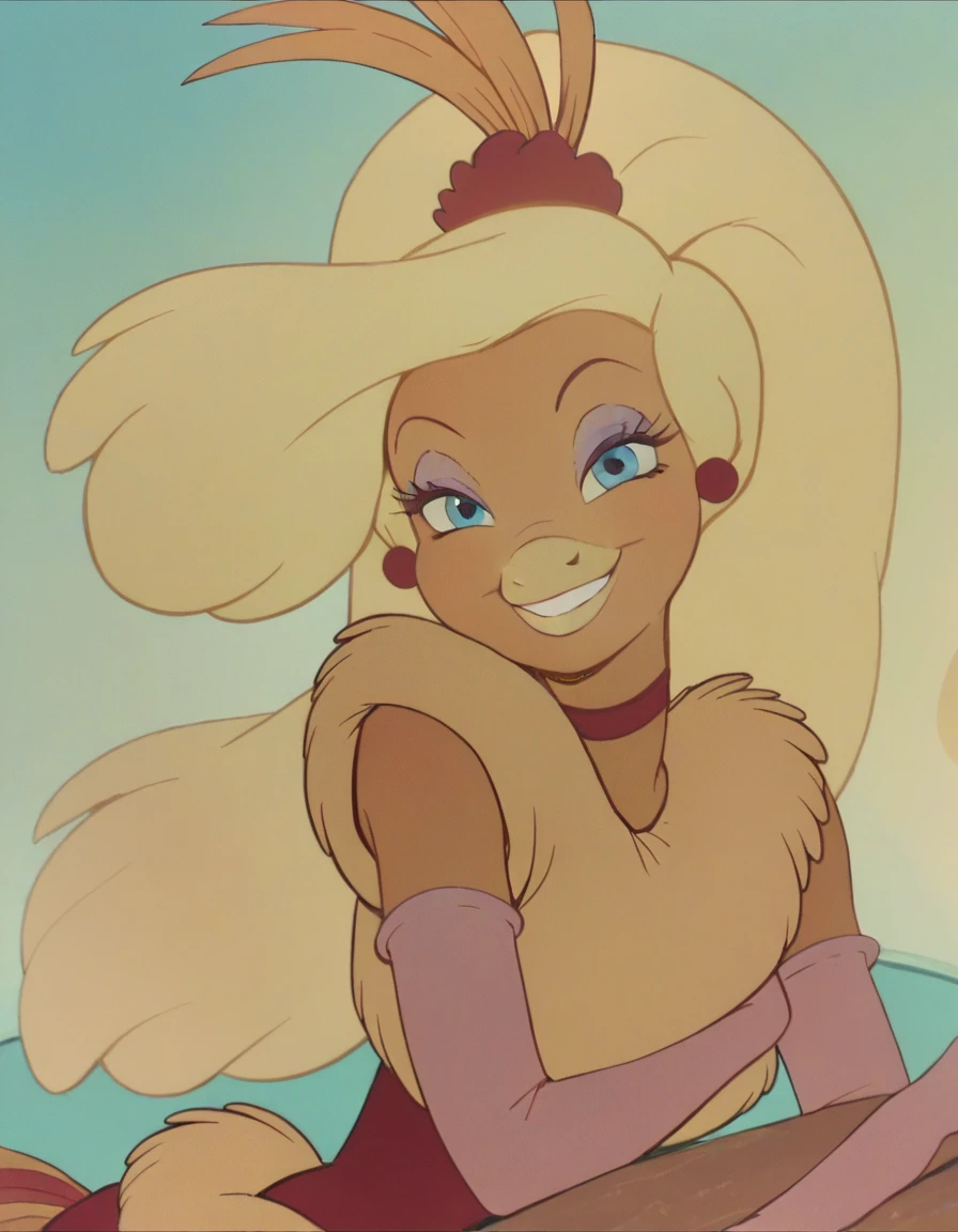 goldie, 1girl, bird girl, long hair, blonde hair, solo, elbow gloves, blue eyes, choker, earrings, ponytail, makeup, fur dress, furry,looking at viewer, smile, score_9, score_8_up, score_7_up, score_6_up 