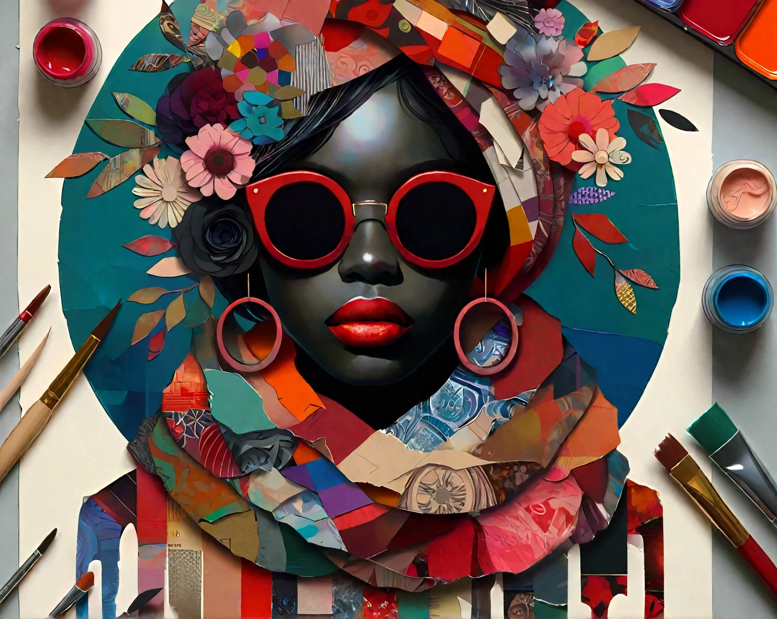 there is a picture of a woman with red glasses and a scarf, beeple and jeremiah ketner, tristan eaton, a contemporary artistic collage, inspired by Sandra Chevrier, paper collage art, jen bartel, afro futurism, beeple and james jean, colored paper collage, in style of digital illustration, paper cut out collage artwork, afrofuturist