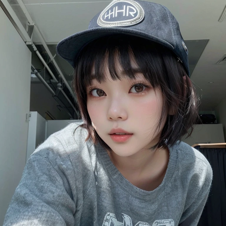 there is a young woman with a hat and gray shirt, chiho, with short hair, with a cute face - fine, with bangs, motto hole, ulzzang, the hime cut, jinyoung shin, pale korean adorable face, with bangs completo, Chiho Ashima, Ishida Sui, neat hair with bangs