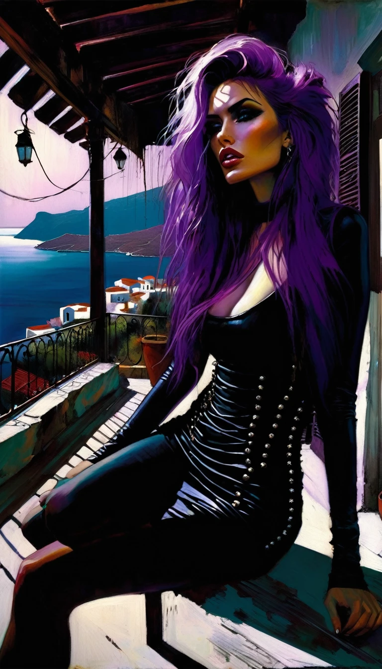 sexy girl, long purple hair, punk look, tight black dress, spikes, sitting on a terrace with stunning views of a typical Greek village: 1.5, chiaroscuro, sensual, dramatic lighting, moody atmosphere, photorealistic, intricate details, masterpiece, ultra-detailed, high quality, 8k, best quality, realistic, cinematic, dark and brooding, expressionistic, powerful composition, emotional impact(art inspired in Bill Sienkiewicz). oil painting) 