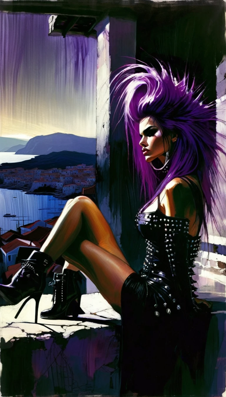sexy girl, long purple hair, punk look, tight black dress, spikes, sitting on a terrace with stunning views of a typical Greek village: 1.5, chiaroscuro, sensual, dramatic lighting, moody atmosphere, photorealistic, intricate details, masterpiece, ultra-detailed, high quality, 8k, best quality, realistic, cinematic, dark and brooding, expressionistic, powerful composition, emotional impact(art inspired in Bill Sienkiewicz). oil painting)