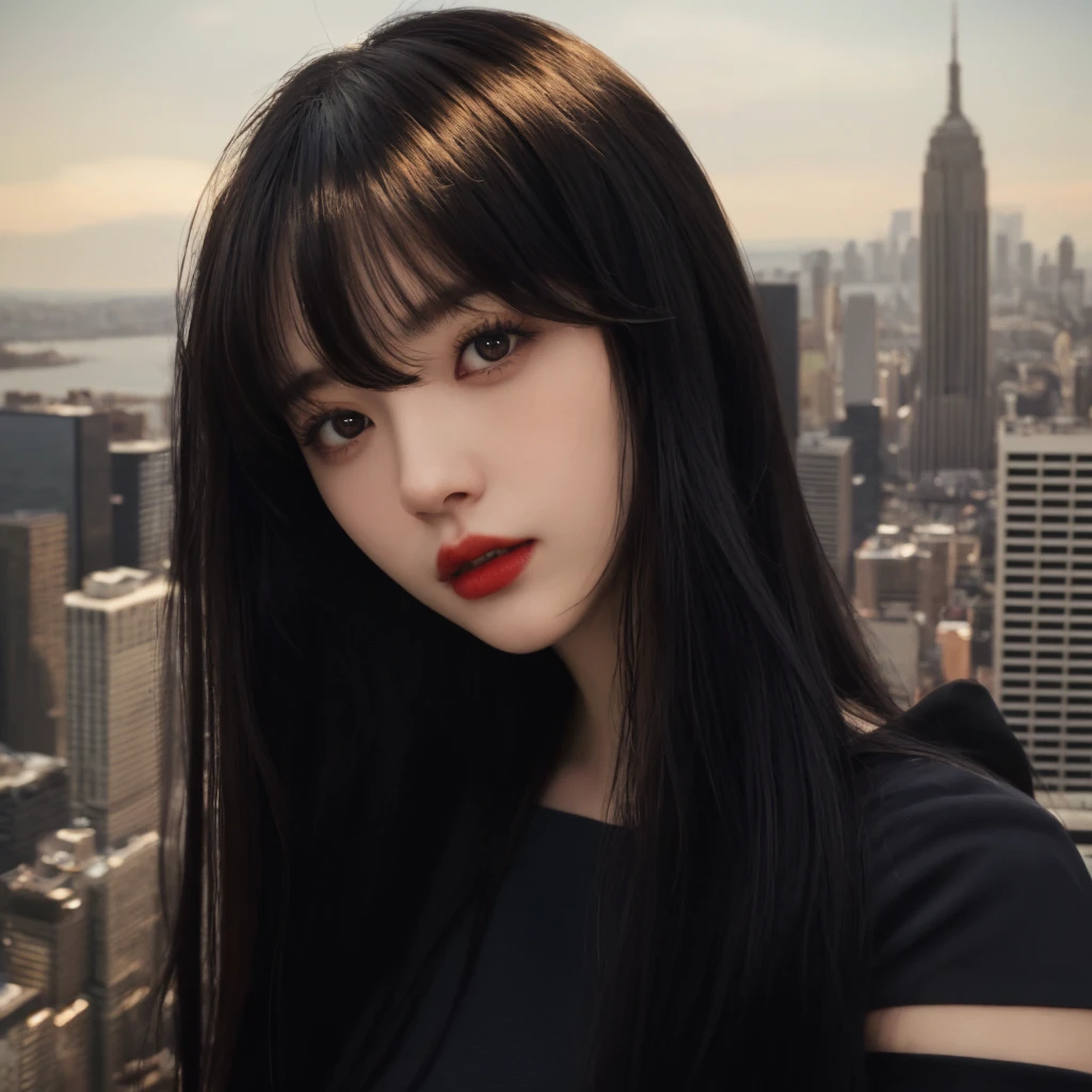 Arafed woman with long black hair and red lipstick in front of a city ...