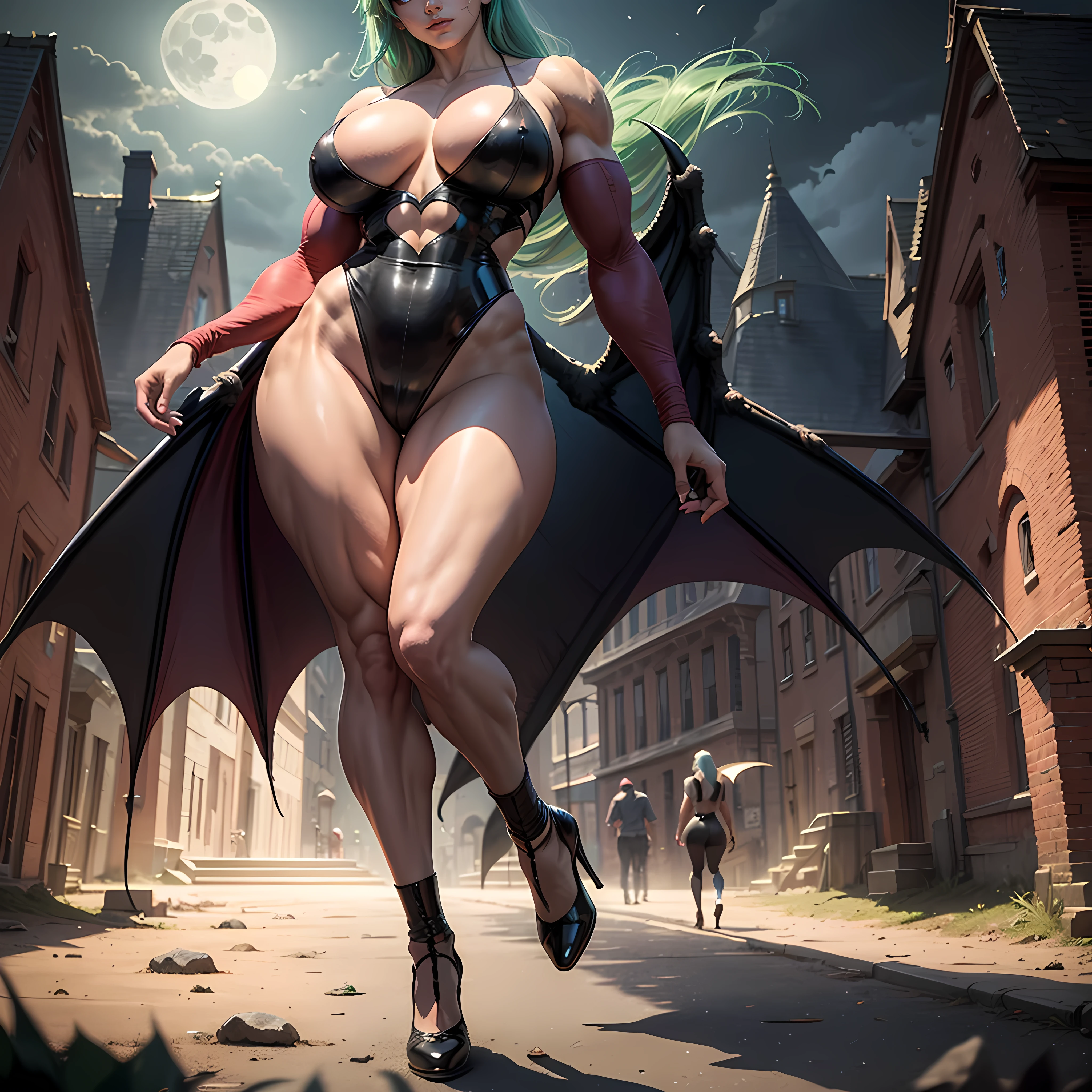 Masterpiece, (Full Body), Solo Morrigan Aensland, Tall, Massive Female Bodybuilder:1.5, huge breasts:1.6, attractive expression,moonlight, symmetrical, Dutch angle