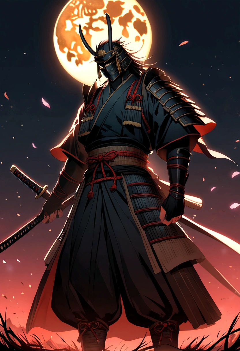 astonishing night background, big moon on background, samurai, male