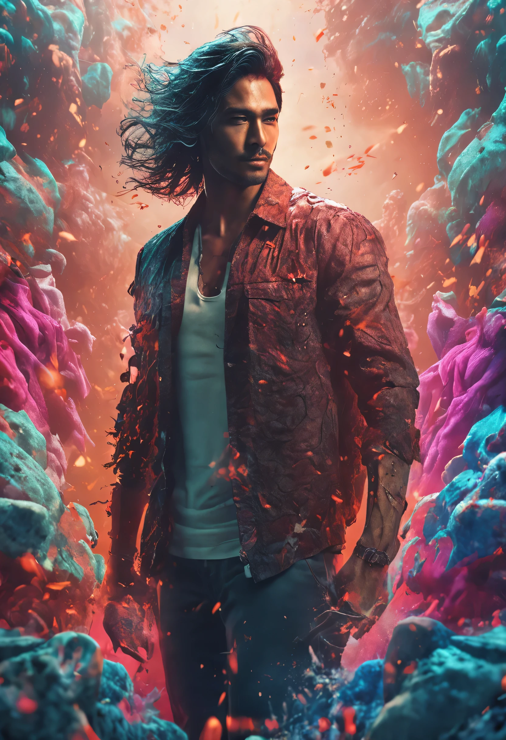 Asian handsome,perfect bodies,handsome man with long hair,ModelShoot style, (Extremely detailed Cg Unity 8K wallpaper), A chaotic storm of intricate liquid smoke in the head, Stylized beautiful full-length abstract portrait, wetted skin, author:Petros Afshar, ross tran, tom whalen, Peter Mohrbacher, Art germ, Broken glass, ((bubbly underwater scenery)) Radiant light octane rendering is highly detailed
