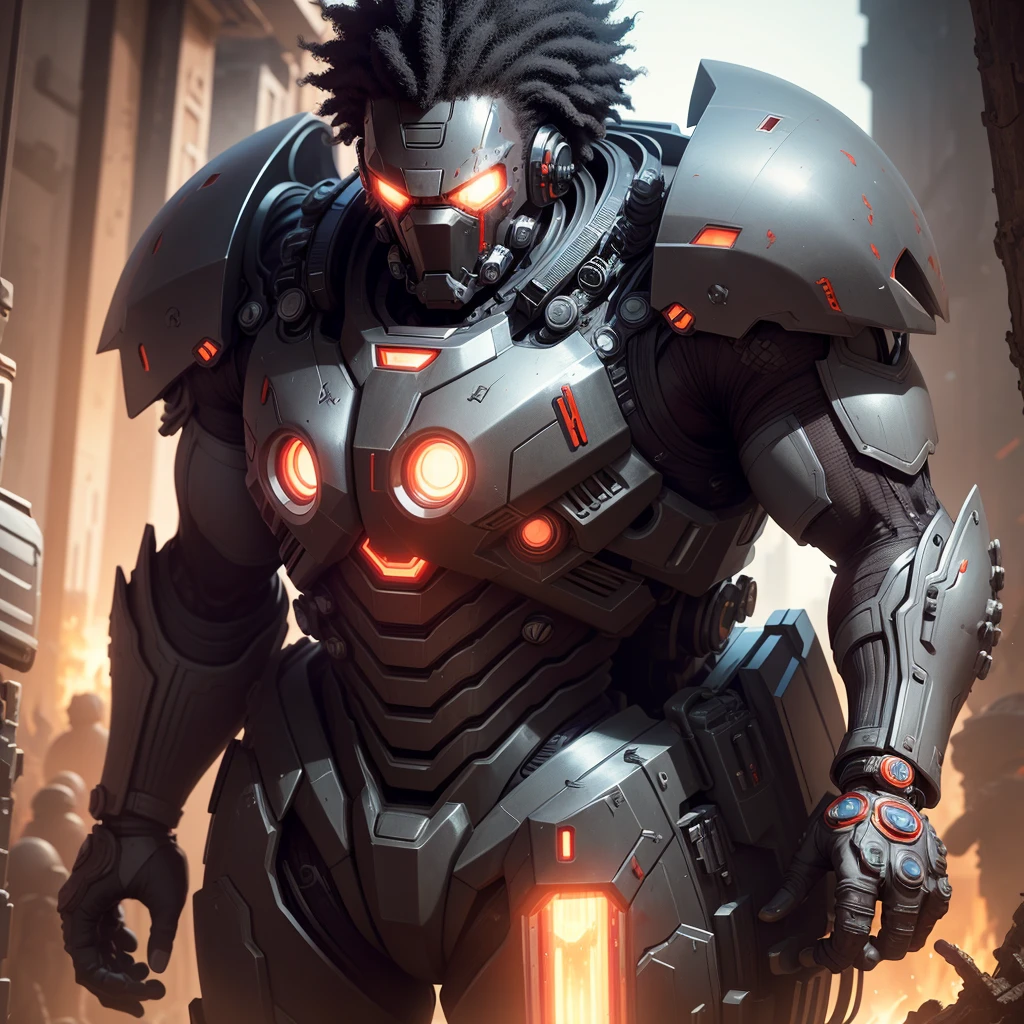 afro man, Afro hairDark_fantasy,Cyberpunk,(chainsaw,homem da chainsaw,red: 1.1),1 person,Mechanical miracle,Robotic presence,Cybernetic Guardian, in a worn out mechanical suit, difficult, (steel metal [rusty]), elegant, Clear Focus , Film Lieutenant Greg Rutkowski, soft lighting, bright colors, First job, ((Two)), cowboy shot, dynamic poses,
