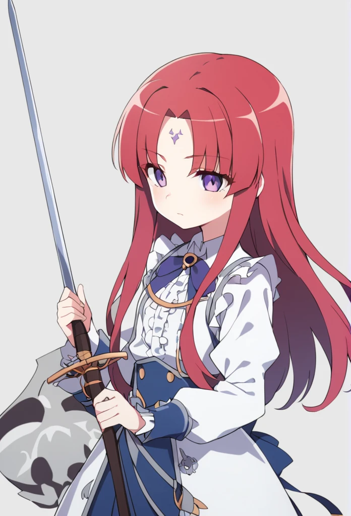 A musketeer with red hair and purple eyes, she holds a sword (Rapier) as a weapon. She is ************ and has a skull drawn on her forehead..