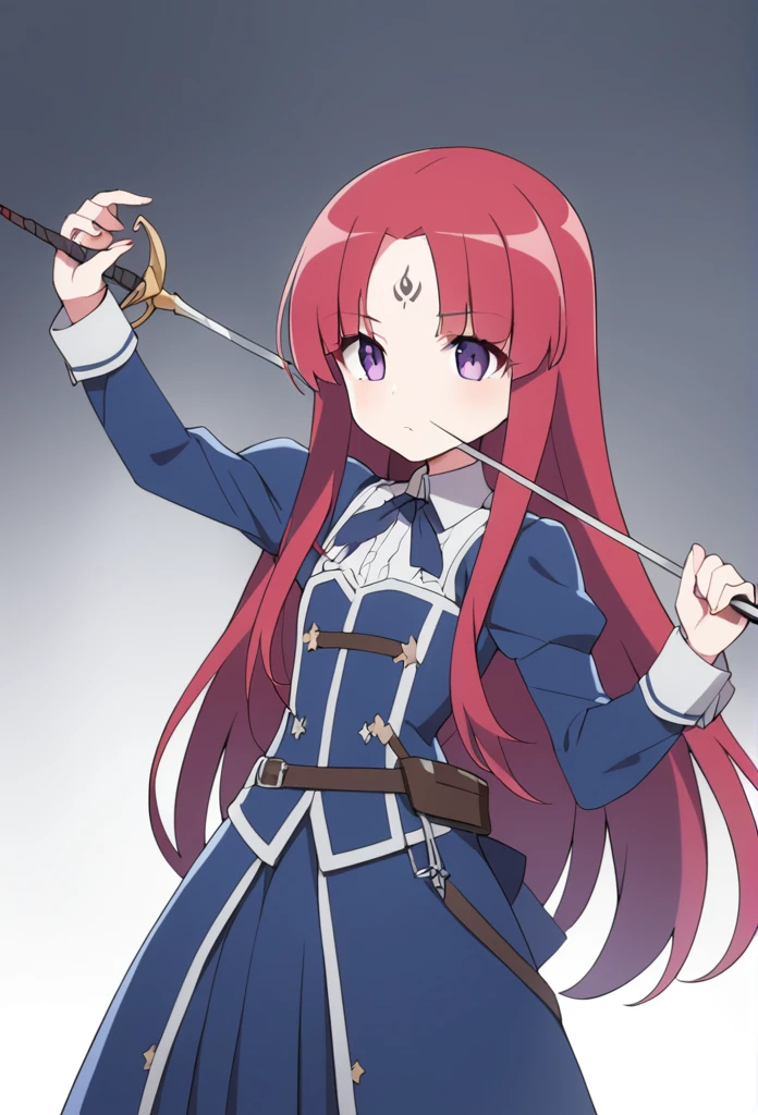 A musketeer with red hair and purple eyes, she holds a sword (Rapier) as a weapon. She is ************ and has a skull drawn on her forehead..