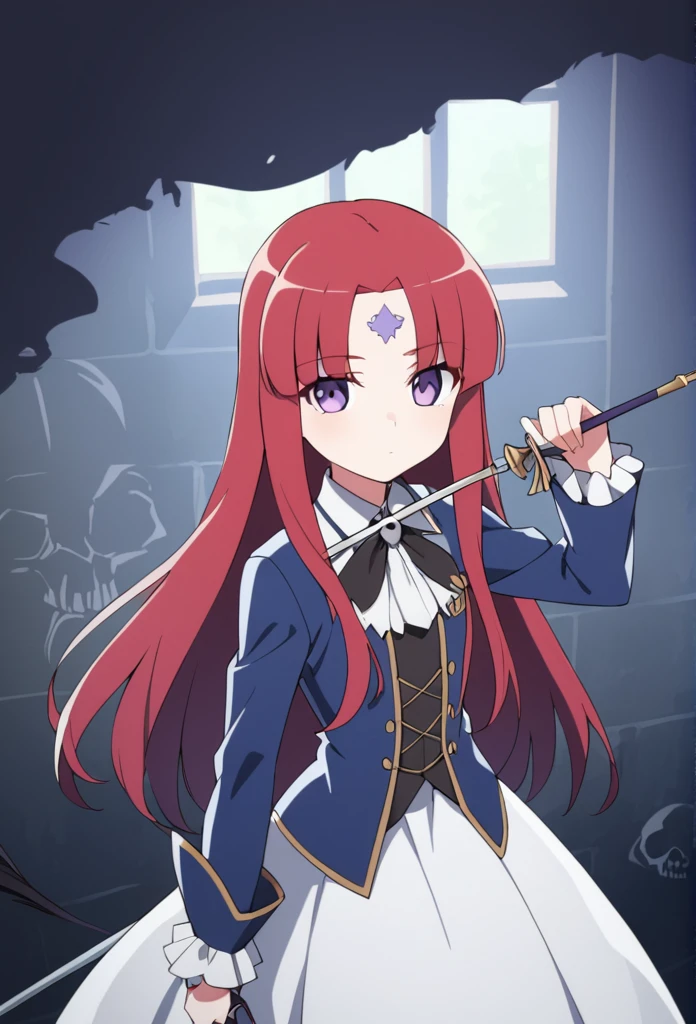 A musketeer with red hair and purple eyes, she holds a sword (Rapier) as a weapon. She is and has a skull drawn on her forehead..