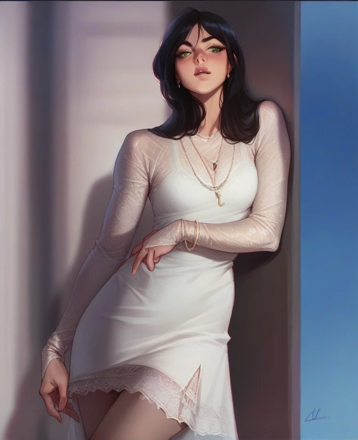 Lisa from blackpink in a white dress short black hair, posing in a sexy way with a deep look, 8k it is 