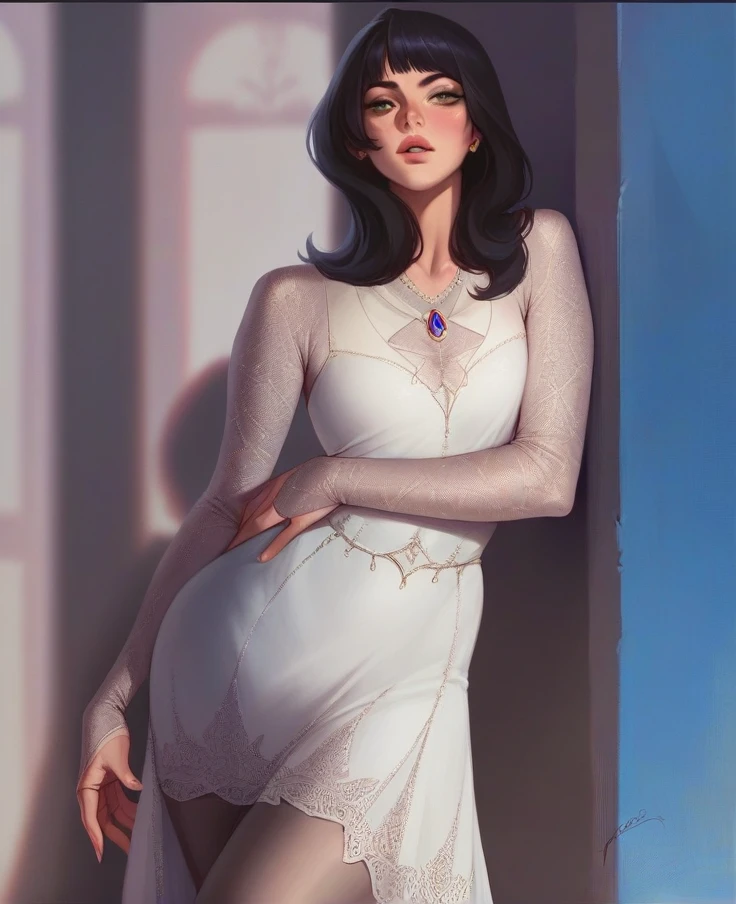 Lisa from blackpink in a white dress short black hair, posing in a sexy way with a deep look, 8k it is