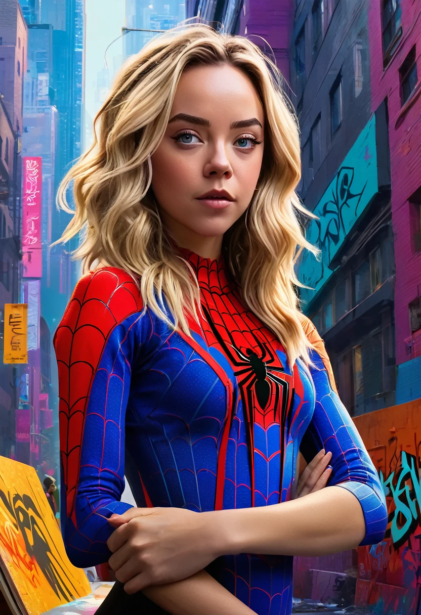 (Masterpiece artwork, 8K, uhd, high resolution: 1.4), stylized portrait of Sydney Sweeney in Spider-Verse art style, (stylized and vibrant features: 1.3), (long and wavy hair, blondes: 1.2), (expressive detailed eyes: 1.2), (modern and dynamic clothing, inspired by the Spider-Verse universe: 1.3), (confident and energetic pose: 1.3), (comic animation elements, with hand-drawn textures and shadows: 1.2), (background with urban and colorful scenes, like skyscrapers and graffiti: 1.1), (vibrant and electrifying atmosphere: 1.3), Intricate and vivid details, (fantasy and action elements: 1.2), (dynamic and captivating perspective: 1.3)