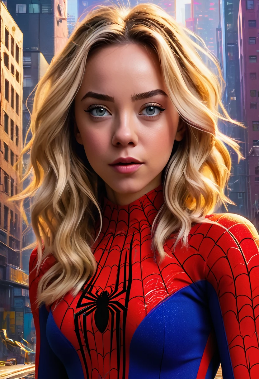 (Masterpiece artwork, 8K, uhd, high resolution: 1.4), stylized portrait of Sydney Sweeney in Spider-Verse art style, (stylized and vibrant features: 1.3), (long and wavy hair, blondes: 1.2), (expressive detailed eyes: 1.2), (modern and dynamic clothing, inspired by the Spider-Verse universe: 1.3), (confident and energetic pose: 1.3), (comic animation elements, with hand-drawn textures and shadows: 1.2), (background with urban and colorful scenes, like skyscrapers and graffiti: 1.1), (vibrant and electrifying atmosphere: 1.3), Intricate and vivid details, (fantasy and action elements: 1.2), (dynamic and captivating perspective: 1.3)