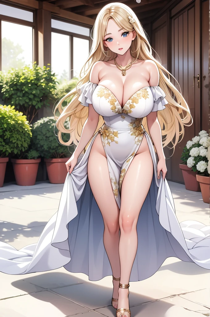 An extremely beautiful stunning woman with a perfect busty body, gold blonde long silky hair, big blue eyes, extremely super bright snow white fair stunning flawless glowing lush shiny flawless white skin, a perfect tight hourglass figure, and a skinny waist, sexy thick smooth luscious legs and thighs, extremely cute plain look on the face, bright pink blushes on cheeks, wearing a short sexy loose revealing white floral dress with threads, pink off-shoulder, yellow heels, green necklace on the neck, gold anklets on feet, standing straight, holding flowers, garden in the background, show full body from head to feet.
