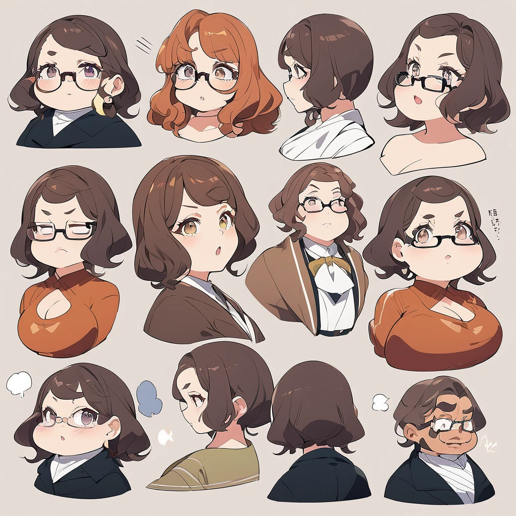 Character concept, woman with glasses and brown hair, illustrated from the bust, various expresions, chubby, anime style