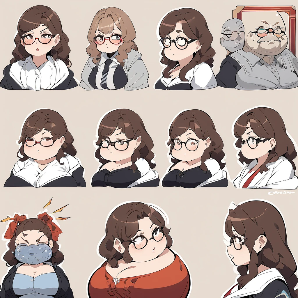 Character concept, woman with glasses and brown hair, illustrated from the bust, various expresions, chubby, anime style