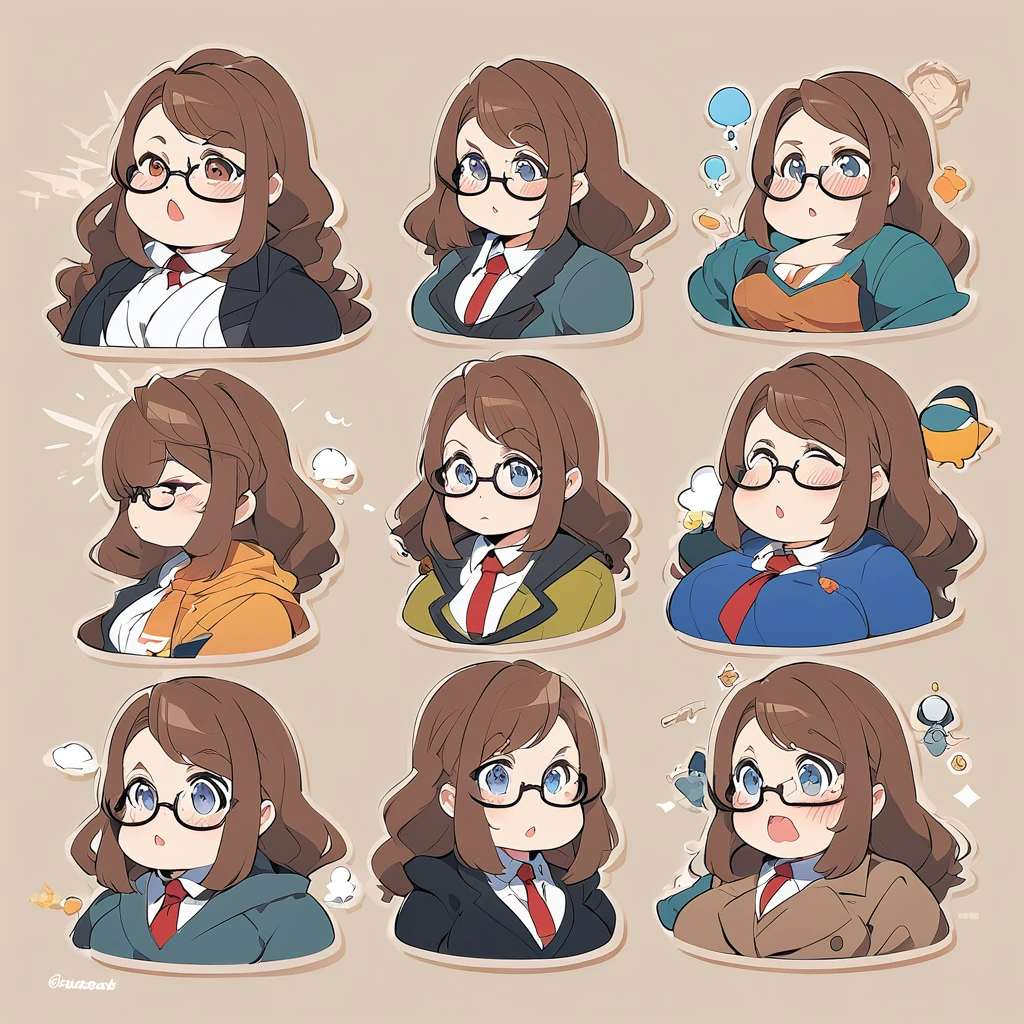 Character concept, woman with glasses and brown hair, illustrated from the bust, various expresions, chubby, anime style