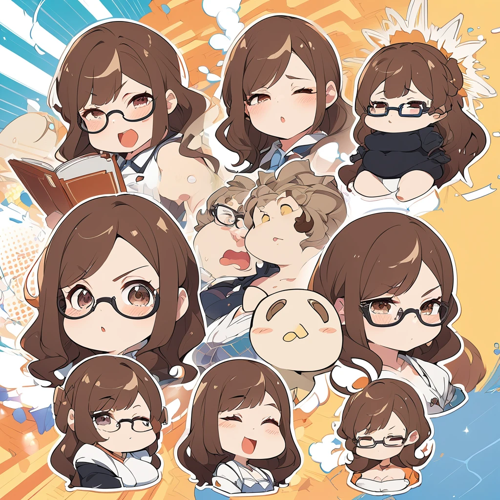 Character concept, woman with glasses and brown hair, illustrated from the bust, various expresions, chubby, anime style