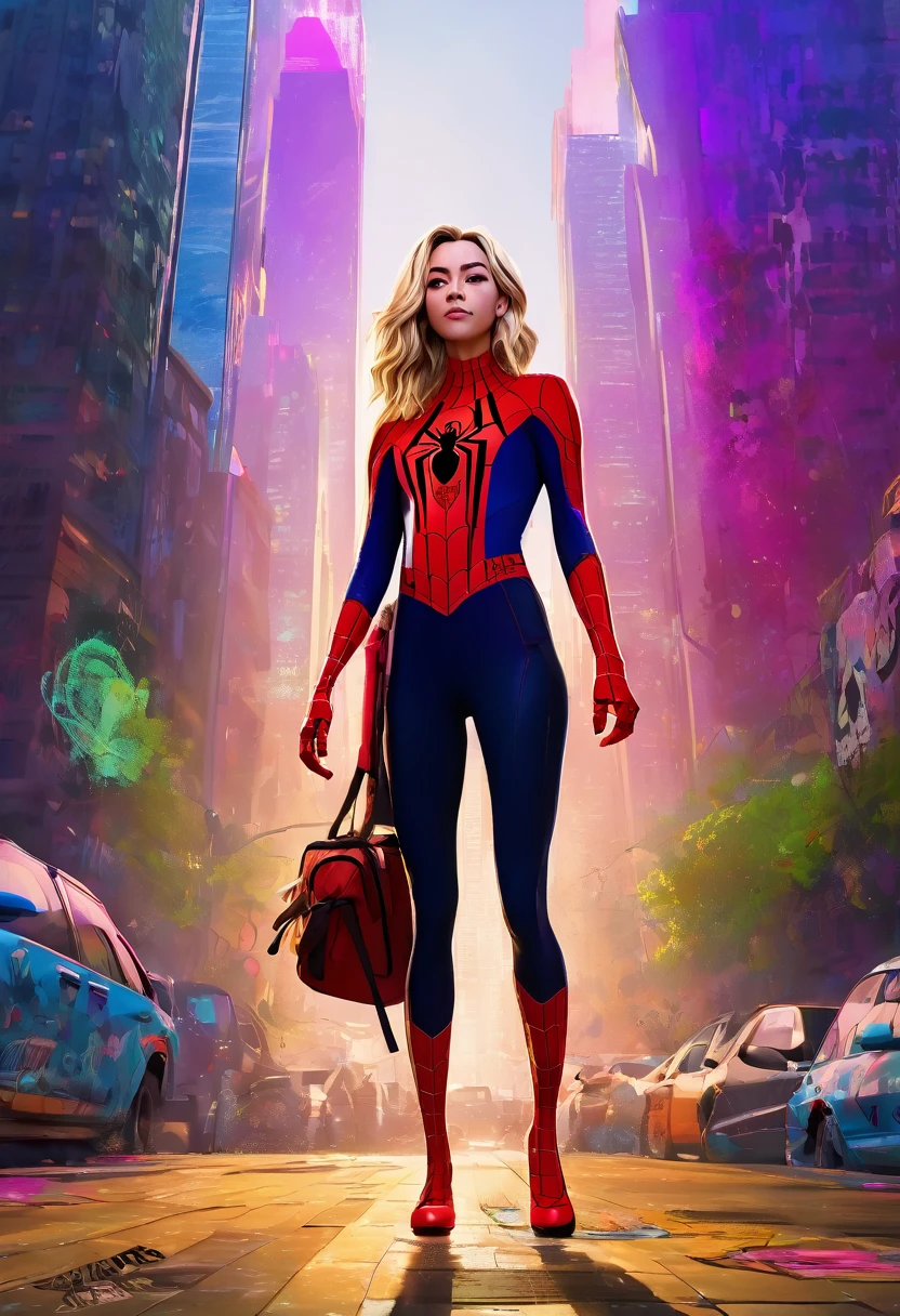 (Masterpiece artwork, 8K, uhd, high resolution: 1.4), stylized portrait of Sydney Sweeney in Spider-Verse art style, (stylized and vibrant features: 1.3), (long and wavy hair, blondes: 1.2), (expressive detailed eyes: 1.2), (modern and dynamic clothing, inspired by the Spider-Verse universe: 1.3), (confident and energetic pose: 1.3), (comic animation elements, with hand-drawn textures and shadows: 1.2), (background with urban and colorful scenes, like skyscrapers and graffiti: 1.1), (vibrant and electrifying atmosphere: 1.3), Intricate and vivid details, (fantasy and action elements: 1.2), (dynamic and captivating perspective: 1.3)