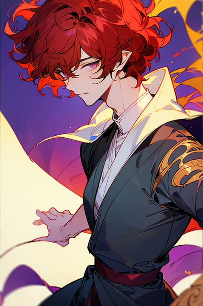 ((masterpiece)), ((one man)), man, man in late 30s, dark skin, white eyes, detailed eyes, elve ears, drak red hair, short hair, short curly hair, ((curly hair)), curly hair, tall, handsome, mature, purple clothes,
