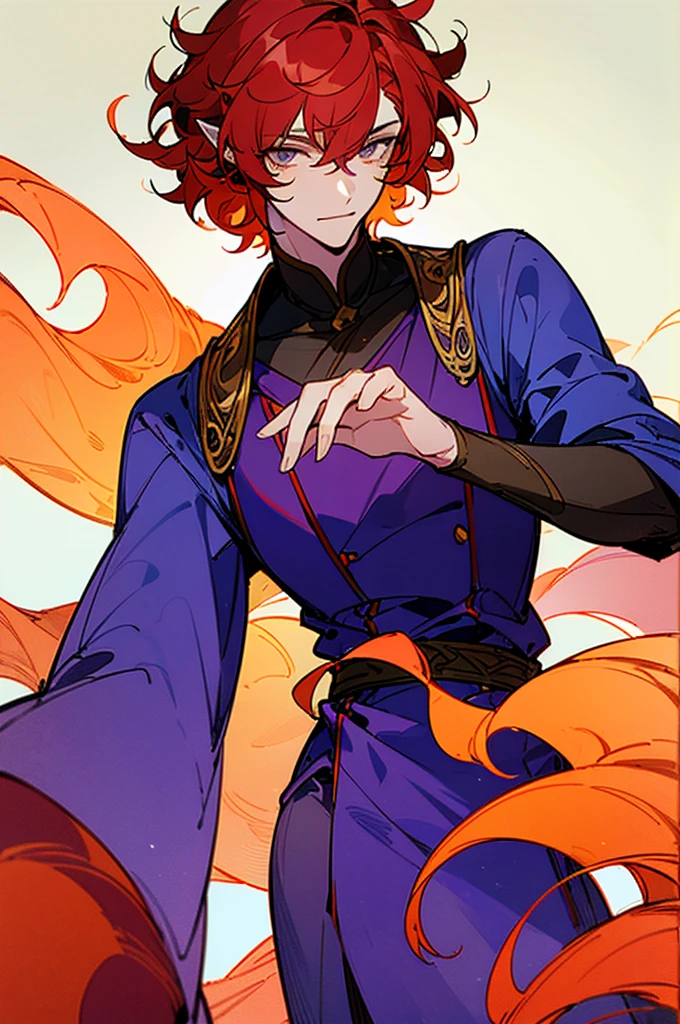 ((masterpiece)), ((one man)), man, man in late 30s, dark skin, white eyes, detailed eyes, elve ears, drak red hair, short hair, short curly hair, ((curly hair)), curly hair, tall, handsome, mature, purple clothes,