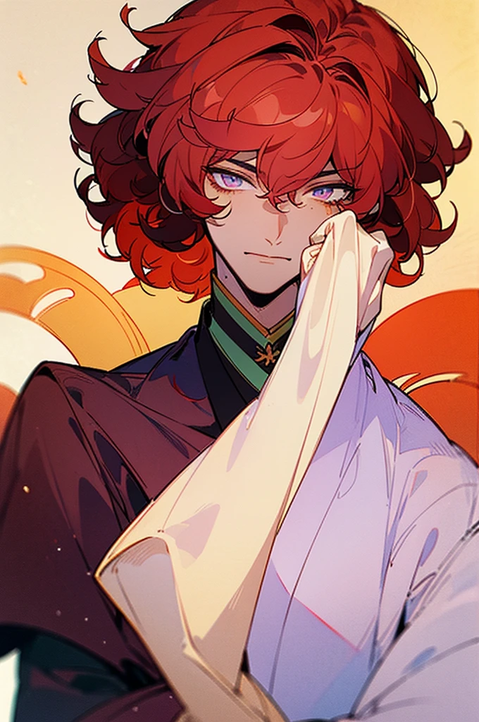 ((masterpiece)), ((one man)), man, man in late 30s, dark skin, white eyes, detailed eyes, elve ears, drak red hair, short hair, short curly hair, ((curly hair)), curly hair, tall, handsome, mature, purple clothes,

