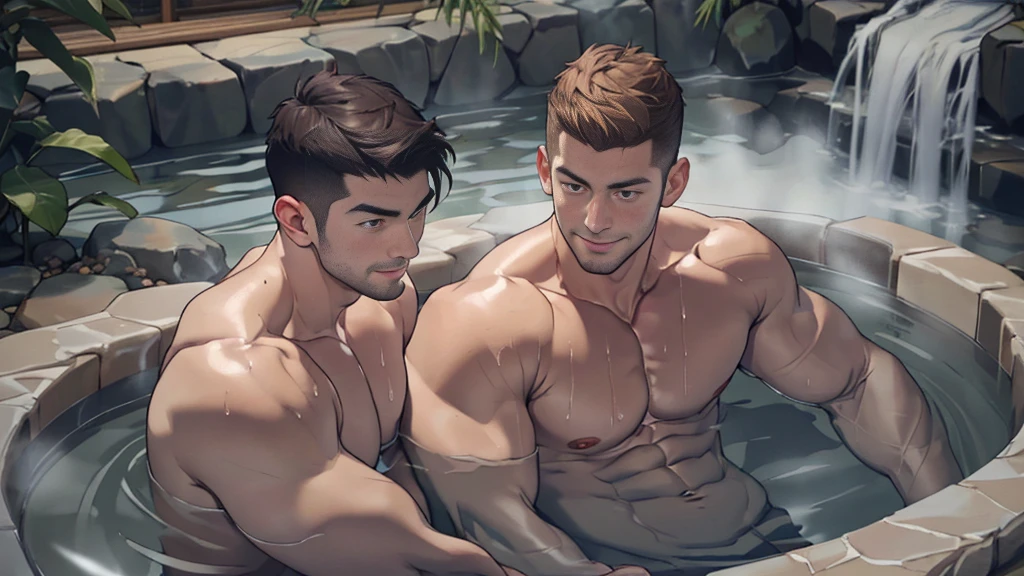Clear background、A handsome tall Japanese man, He is 28 years old，Thin waist，The pectoral muscles are well developed, He is 175cm tall，Weight 62 kg、Brown eyes、brown hair color、short hair、Shirtless、Wearing a bath towel around the lower body、looking into camera，Smile，Japanese hot spring bathhouse，Soaked all over，water vapour，Japanese style