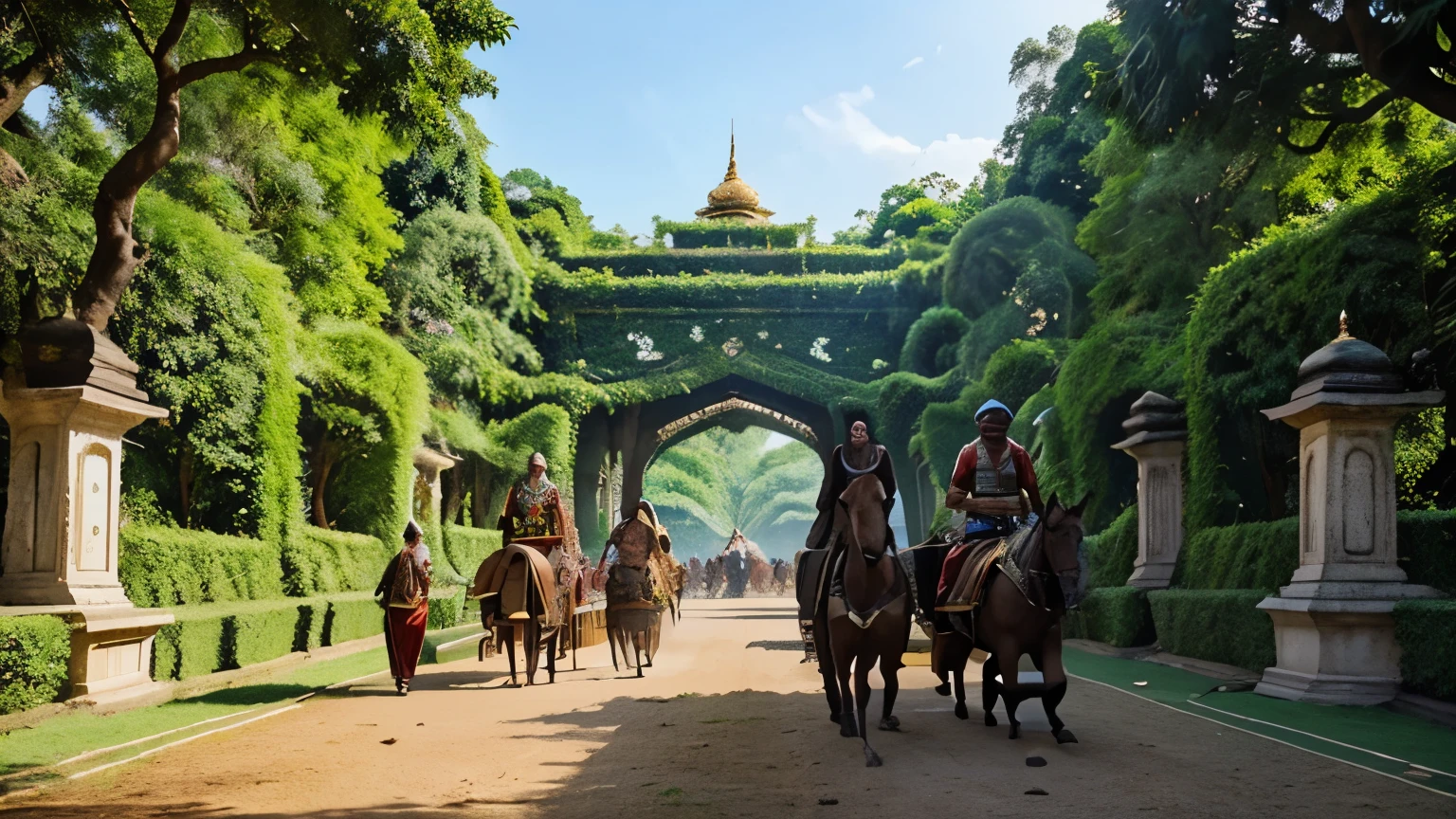 "The Sunda royal entourage preparing for the journey, with horses and carriages being loaded, surrounded by the lush greenery of the palace gardens under a clear sky."
Characters: Linggabuana, Dyah Pitaloka, and royal entourage.
Angle: Wide shot.
Lighting: Clear daylight.