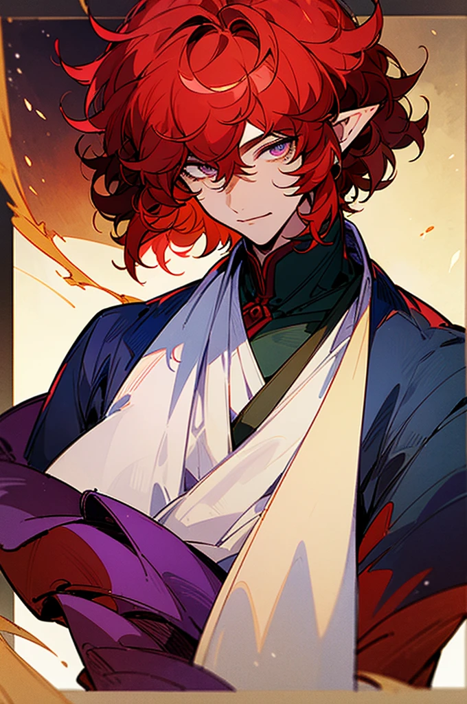 ((masterpiece)), ((one man)), man, man in late 30s, dark skin, white eyes, detailed eyes, elve ears, drak red hair, short hair, short curly hair, ((curly hair)), curly hair, tall, handsome, mature, purple clothes,
